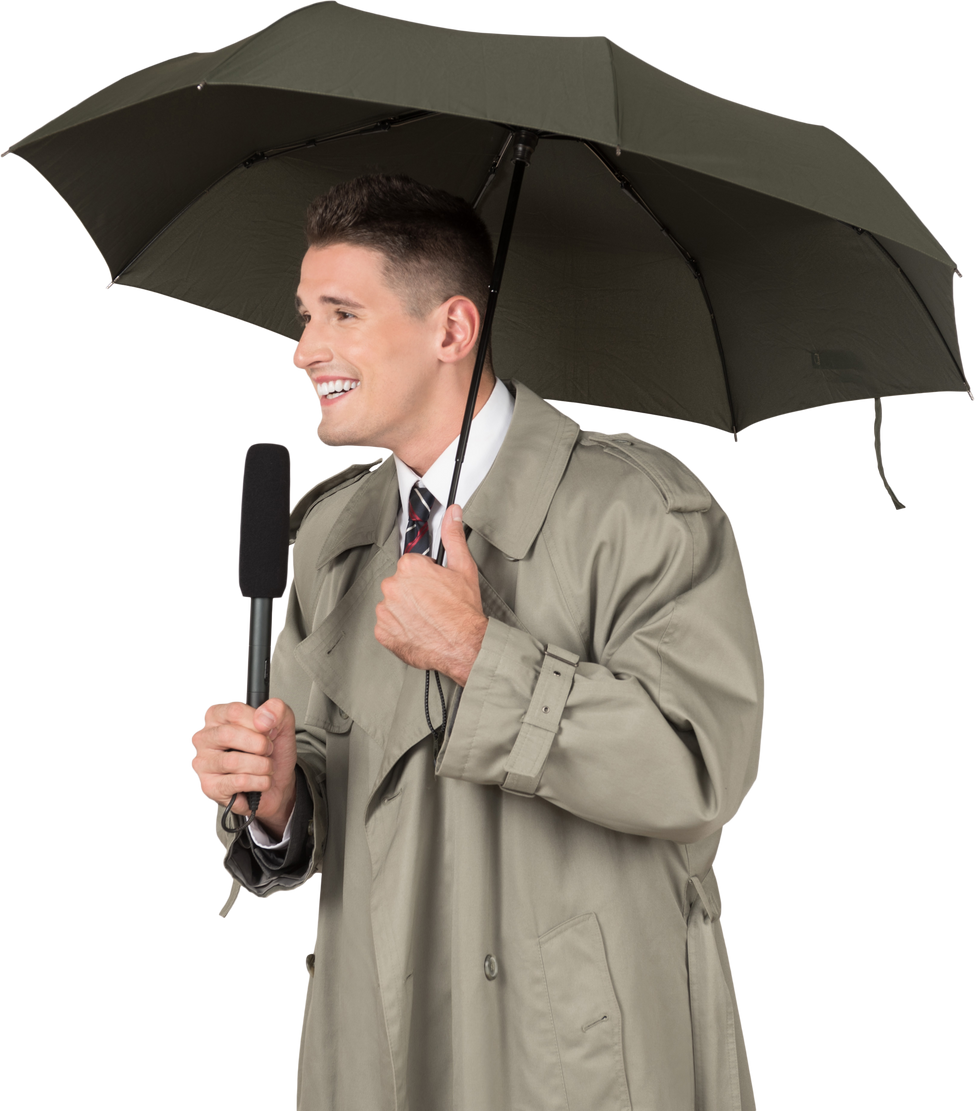 Cut Out of Man Holding a Microphone under an Umbrella