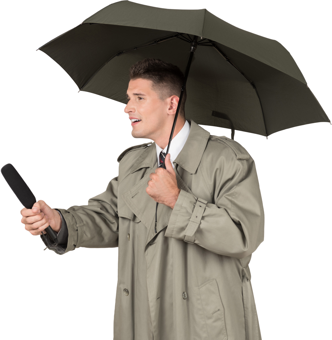 Male News Reporter Holding Umbrella